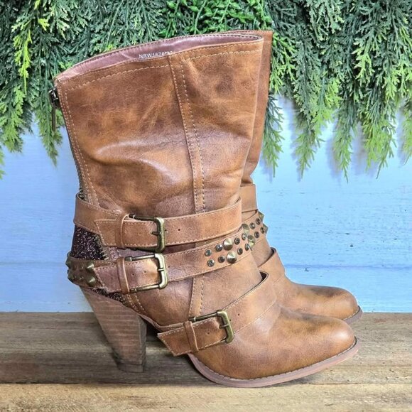 Size 8.5 Brown Glitter Not Rated Studded Buckle Boots - Picture 1 of 8